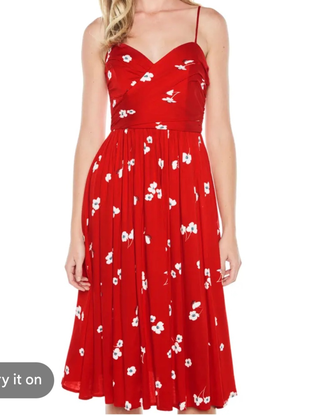 Bardot Red Floral Midi Dress Ruched Sweetheart Sleeveless Wedding Guest US 6